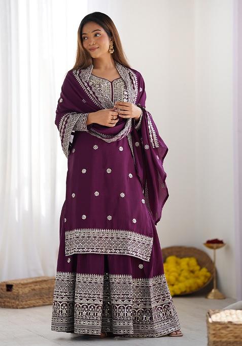 Purple Embroidered Silk Kurta Set