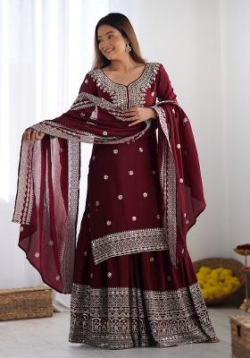 Maroon Embroidered Silk Kurta Set