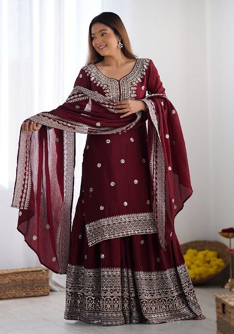 Maroon Embroidered Silk Kurta Set