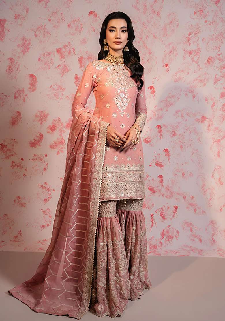 Peach Embroidered Georgette Sharara Set - Indya