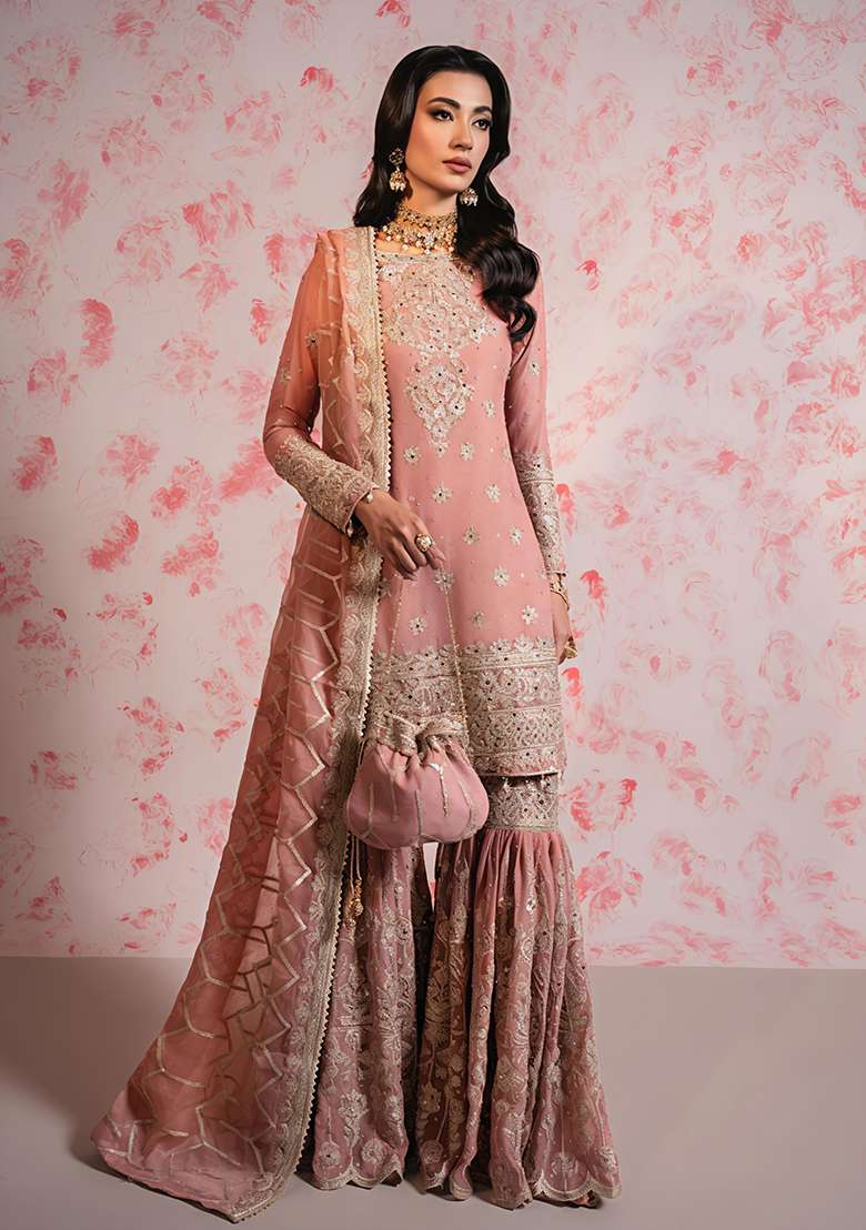 Peach Embroidered Georgette Sharara Set - Indya