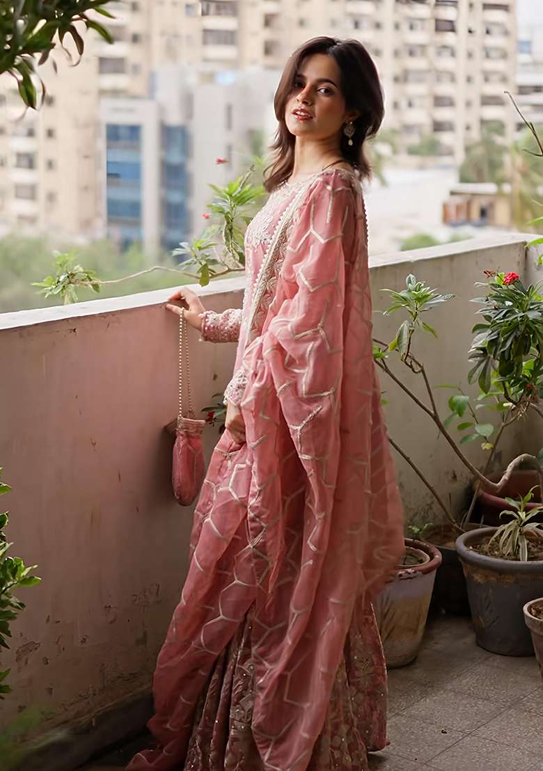 Peach Embroidered Georgette Sharara Set - Indya