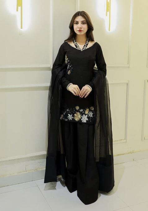 Black Embroidered Silk Kurta Set