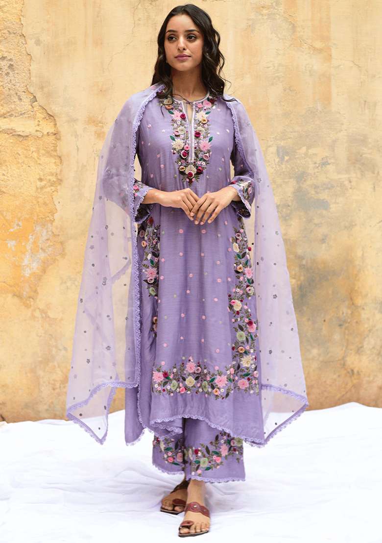 Lavender Embroidered Georgette Straight Kurta Set - Indya