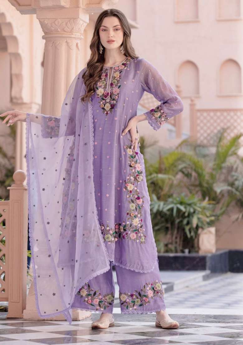 Lavender Embroidered Georgette Straight Kurta Set - Indya