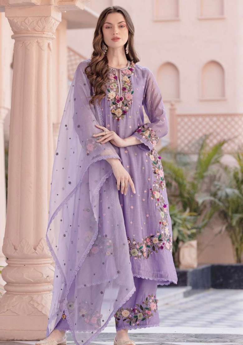 Lavender Embroidered Georgette Straight Kurta Set - Indya