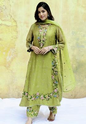 Olive Green Embroidered Georgette Kurta Set