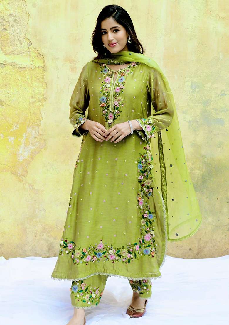 Olive Green Embroidered Georgette Straight Kurta Set - Indya