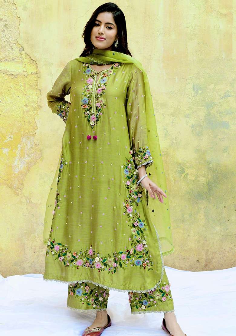 Olive Green Embroidered Georgette Straight Kurta Set - Indya