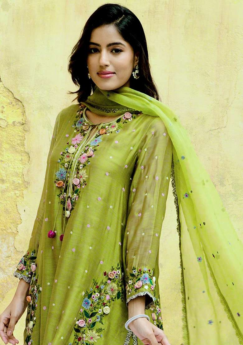 Olive Green Embroidered Georgette Straight Kurta Set - Indya