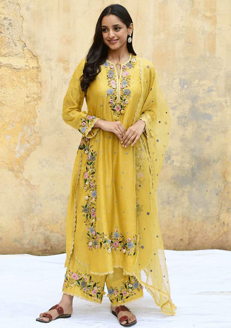 Yellow Embroidered Georgette Straight Kurta Set - Indya