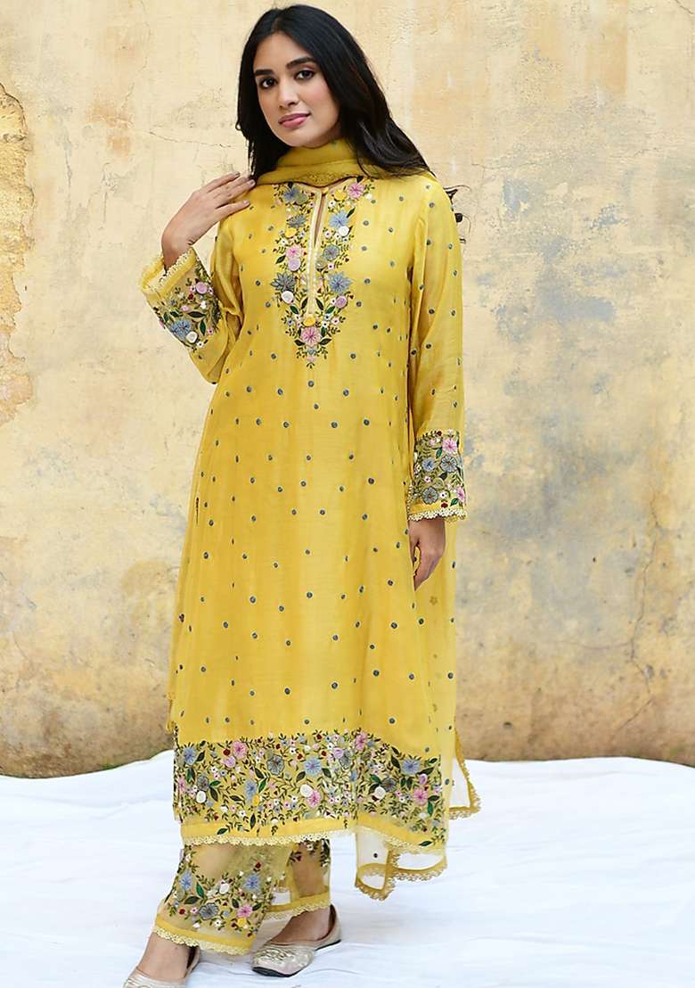 Yellow Embroidered Georgette Straight Kurta Set - Indya