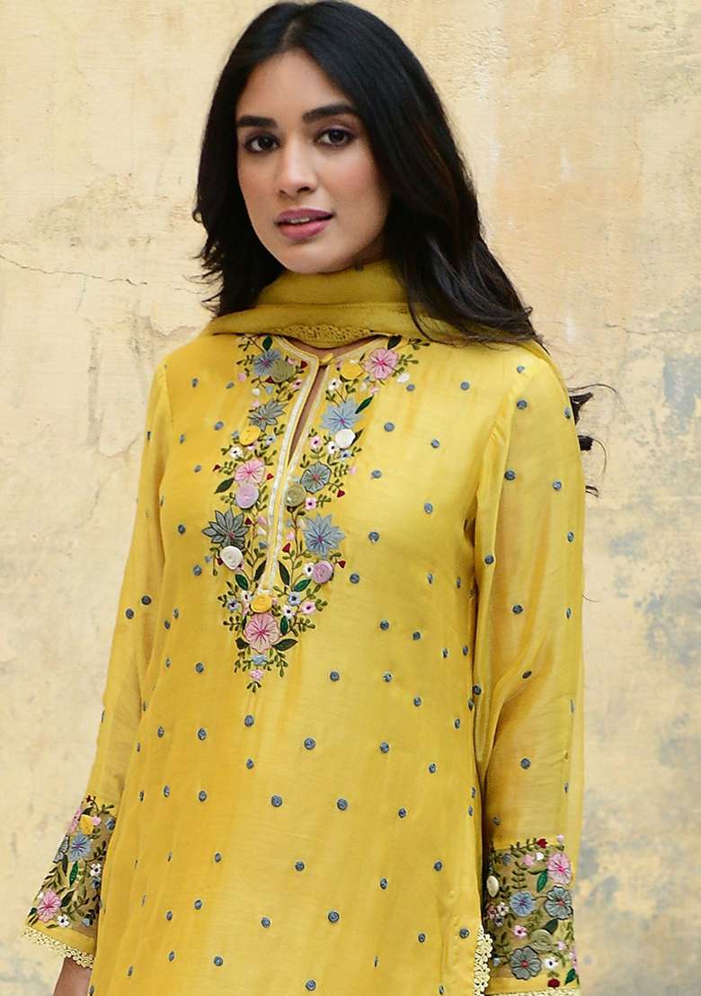 Yellow Embroidered Georgette Straight Kurta Set - Indya