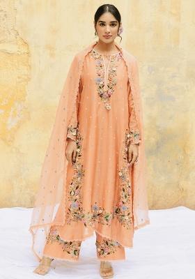 Peach Embroidered Georgette Kurta Set