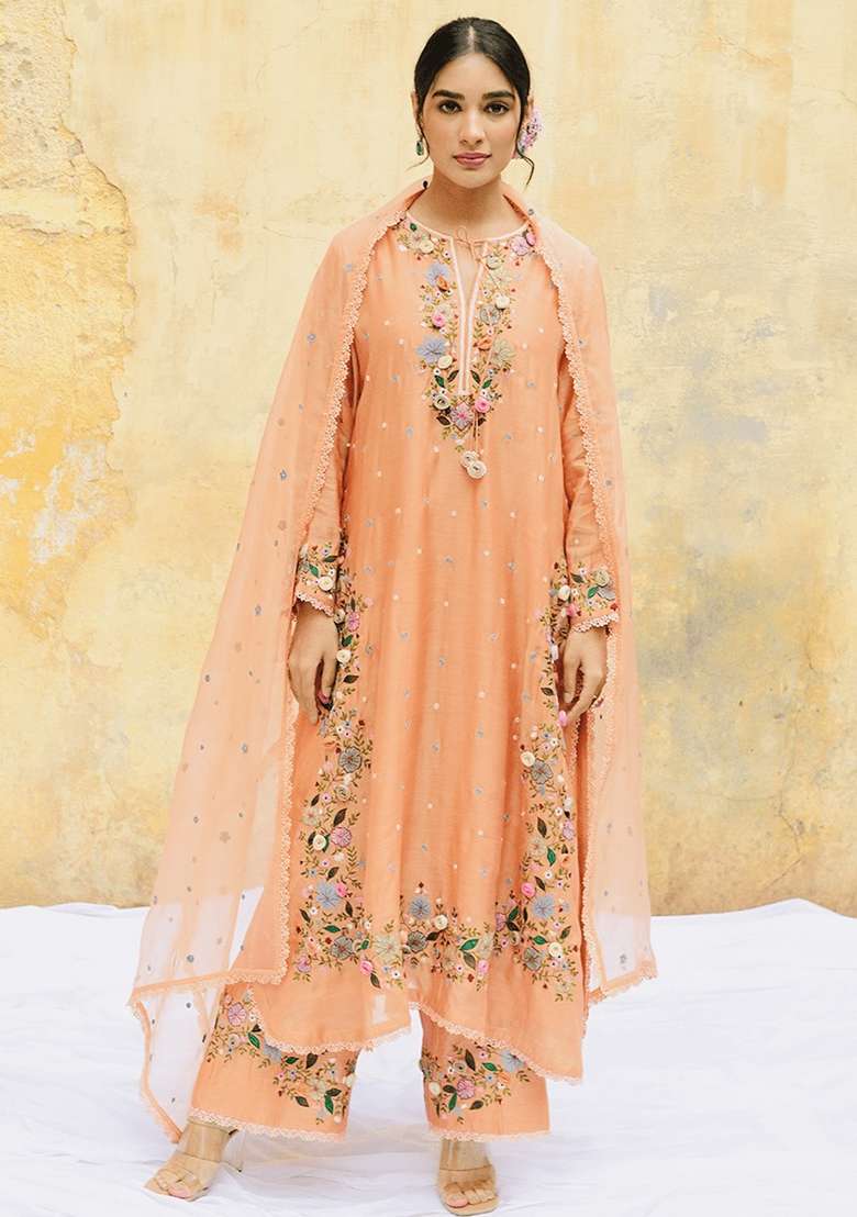 Peach Embroidered Georgette Straight Kurta Set - Indya