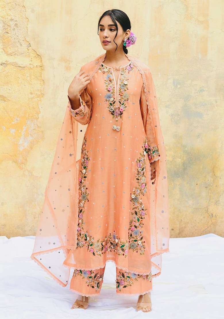 Peach Embroidered Georgette Straight Kurta Set - Indya