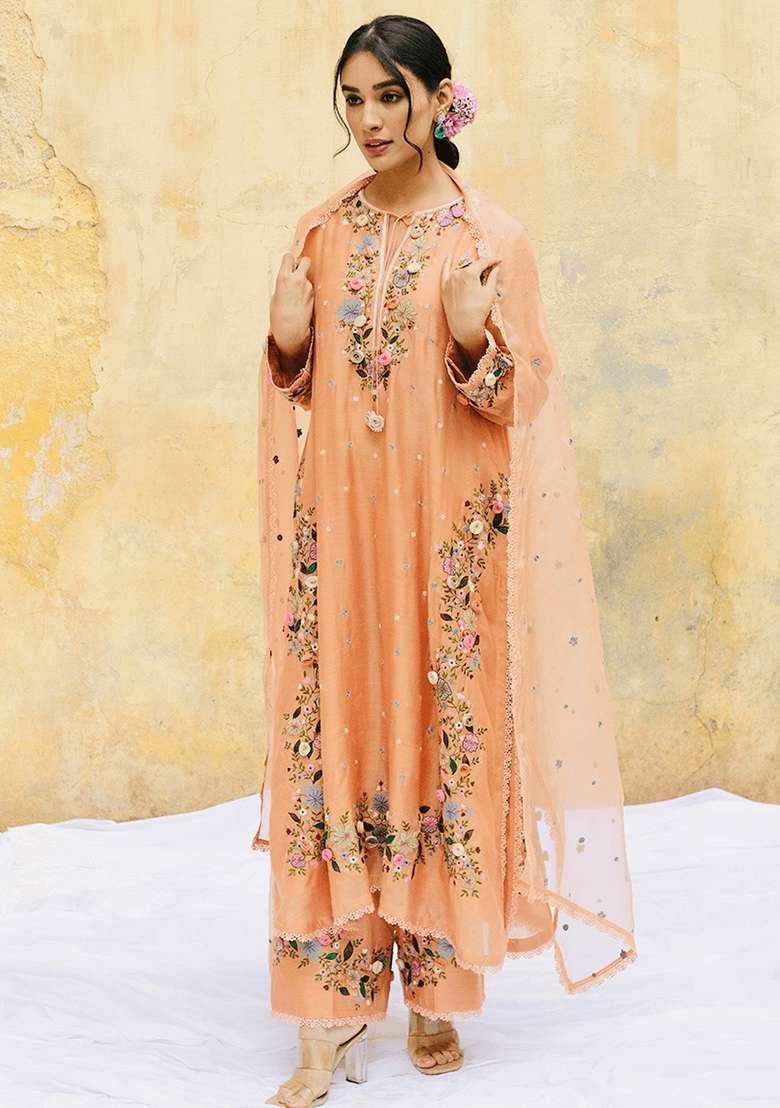 Peach Embroidered Georgette Straight Kurta Set - Indya