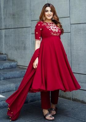 Red Embroidered Silk Kurta Set