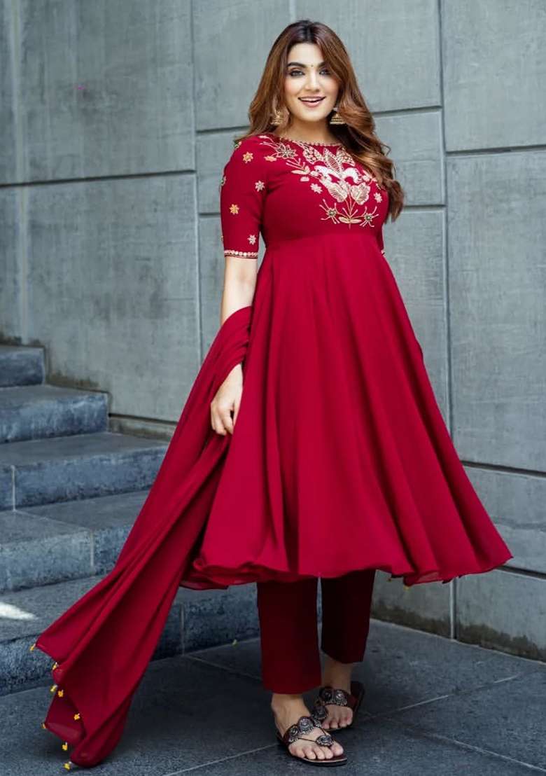 Red Embroidered Silk A Line Kurta Set - Indya