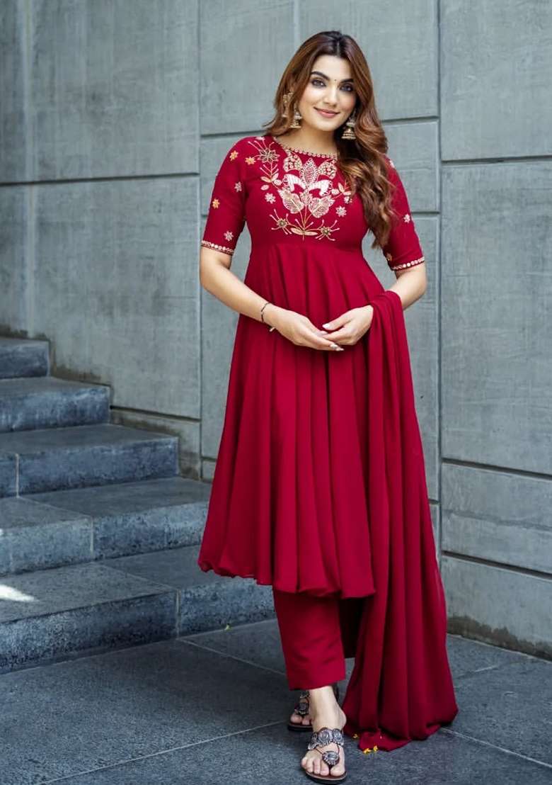 Red Embroidered Silk A Line Kurta Set - Indya