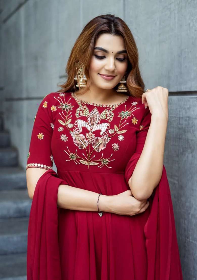 Red Embroidered Silk A Line Kurta Set - Indya