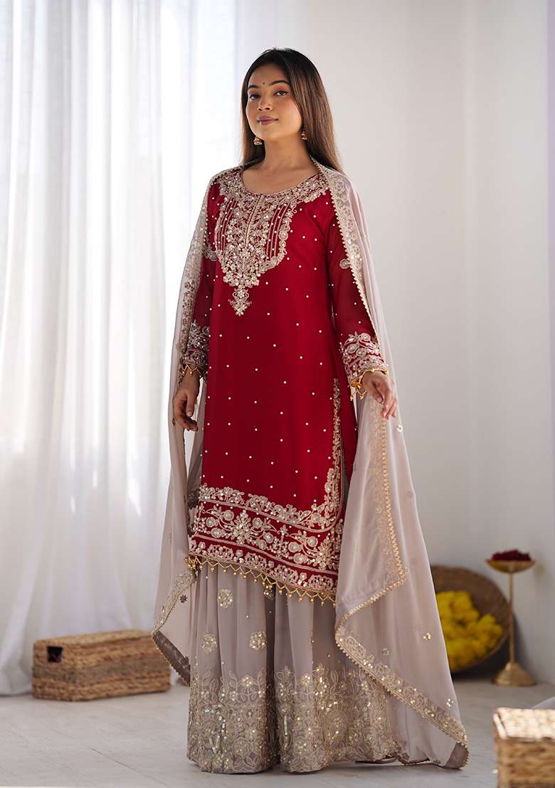 Red Embroidered Georgette Sharara Set - Indya