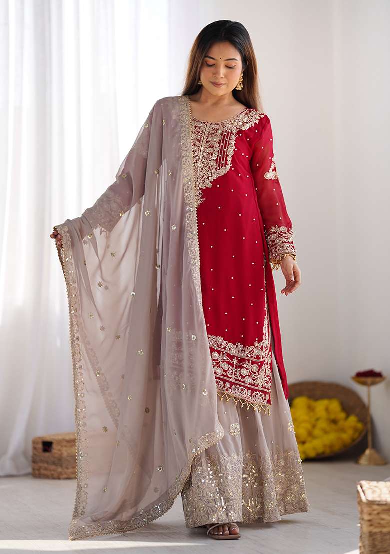 Red Embroidered Georgette Sharara Set - Indya
