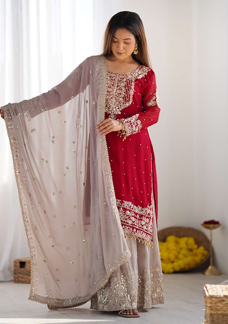 Red Embroidered Georgette Sharara Set - Indya