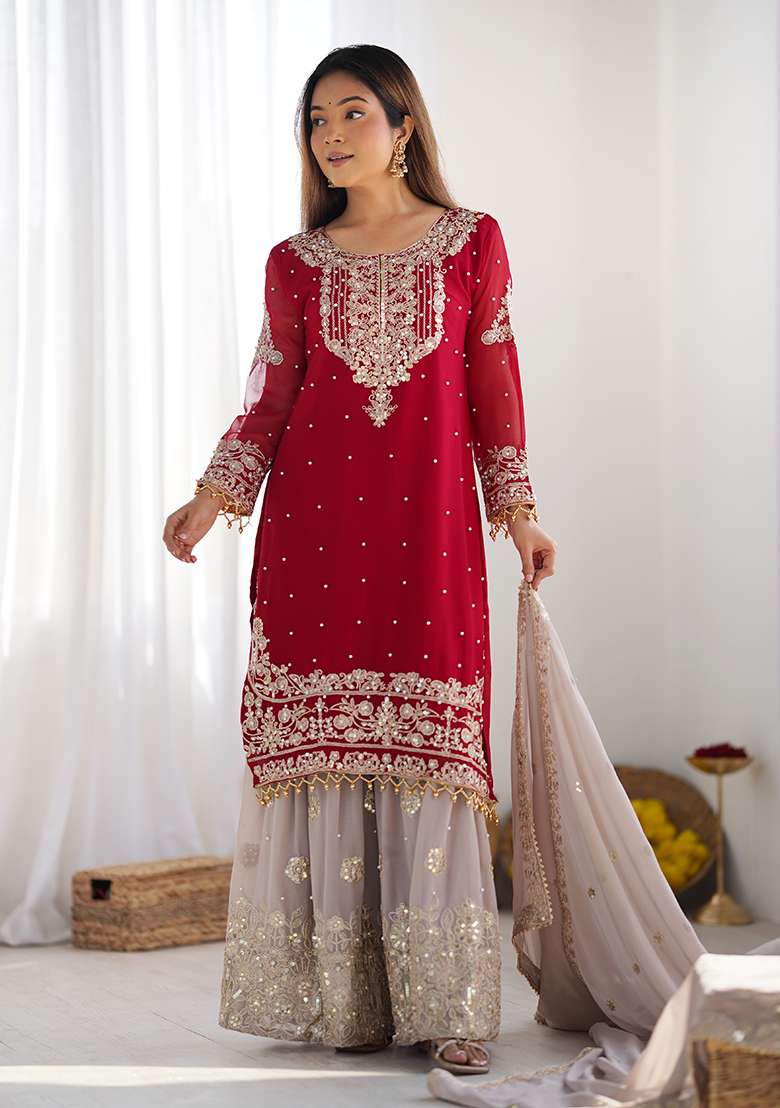 Red Embroidered Georgette Sharara Set - Indya
