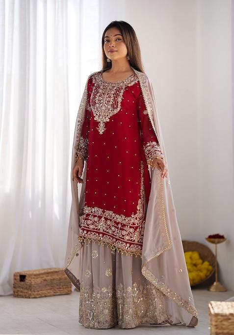 Red Embroidered Georgette Kurta Set