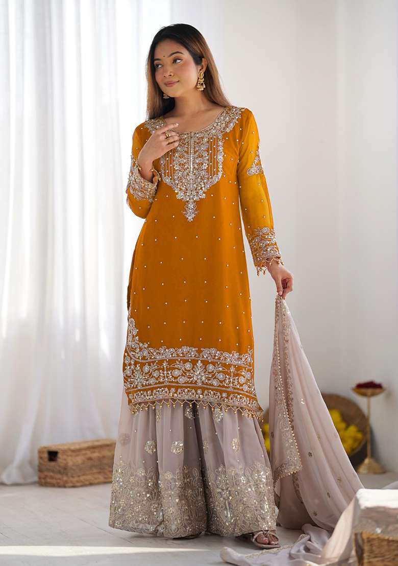 Yellow Embroidered Georgette Sharara Set - Indya