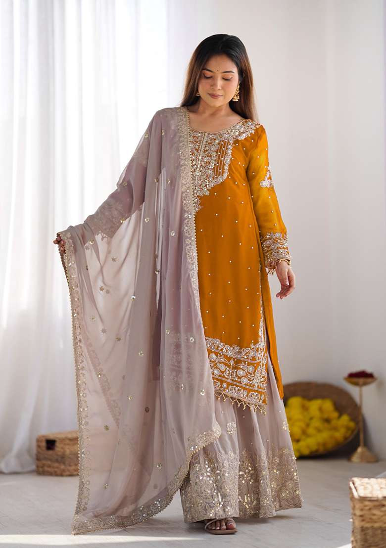 Yellow Embroidered Georgette Sharara Set - Indya