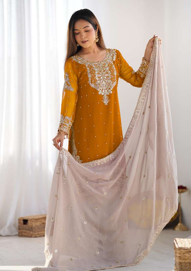 Yellow Embroidered Georgette Sharara Set - Indya