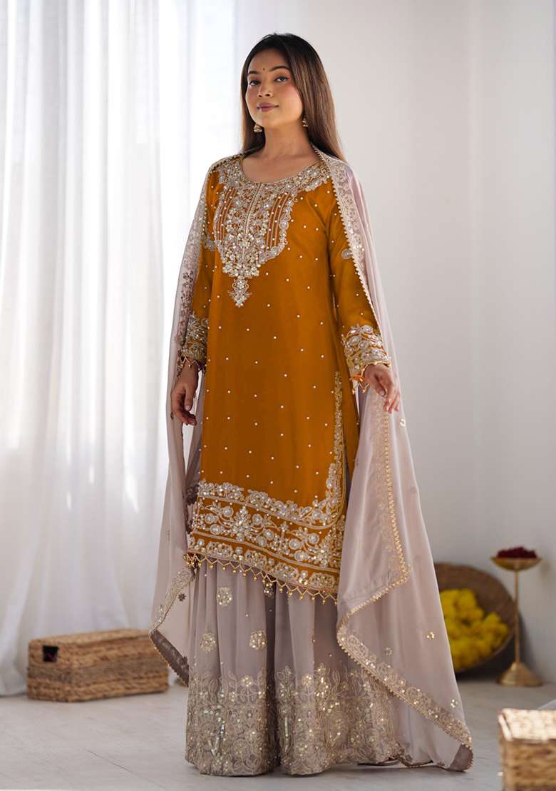 Yellow Embroidered Georgette Sharara Set - Indya