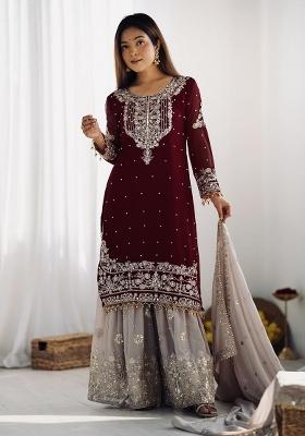 Wine Embroidered Georgette Kurta Set