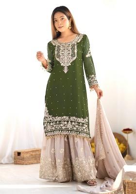 Green Embroidered Georgette Kurta Set