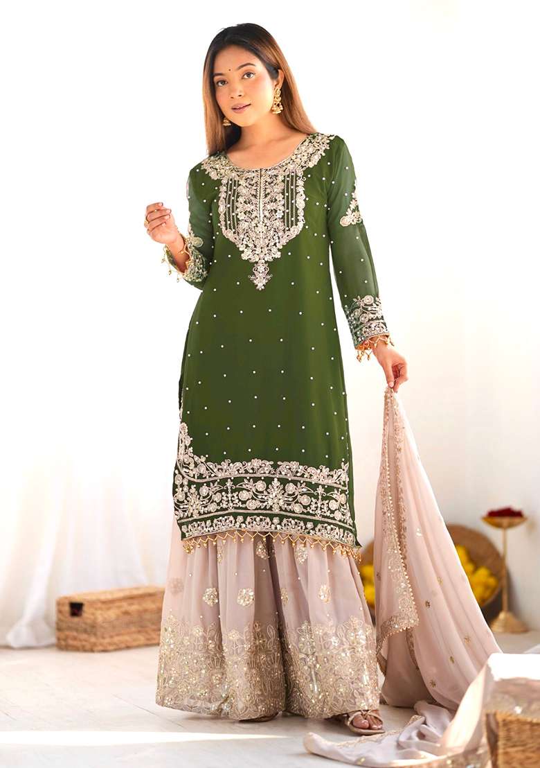 Green Embroidered Georgette Sharara Set - Indya