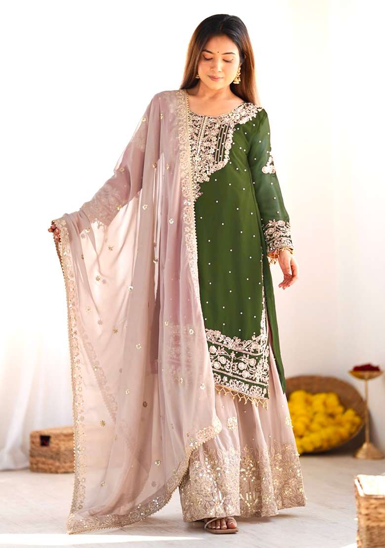Green Embroidered Georgette Sharara Set - Indya