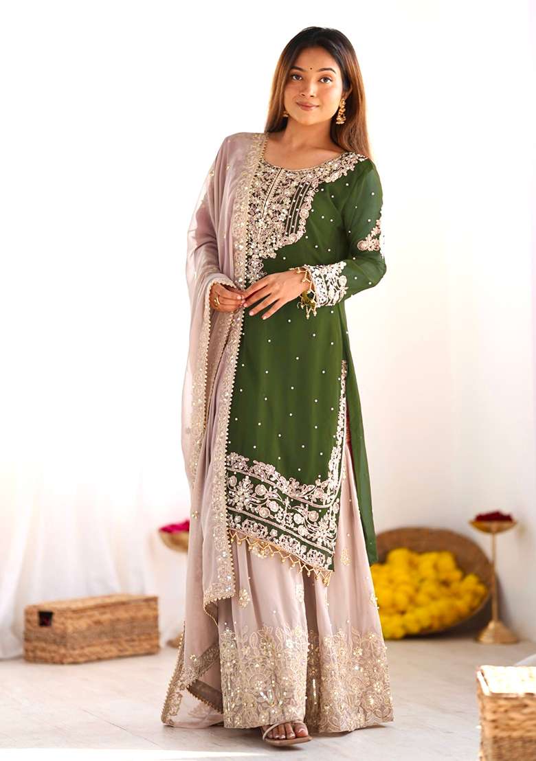 Green Embroidered Georgette Sharara Set - Indya