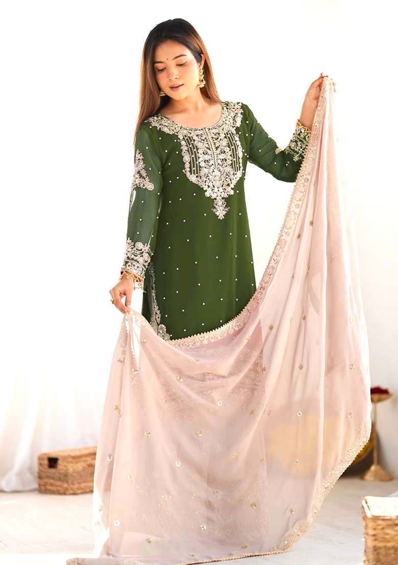 Green Embroidered Georgette Sharara Set - Indya