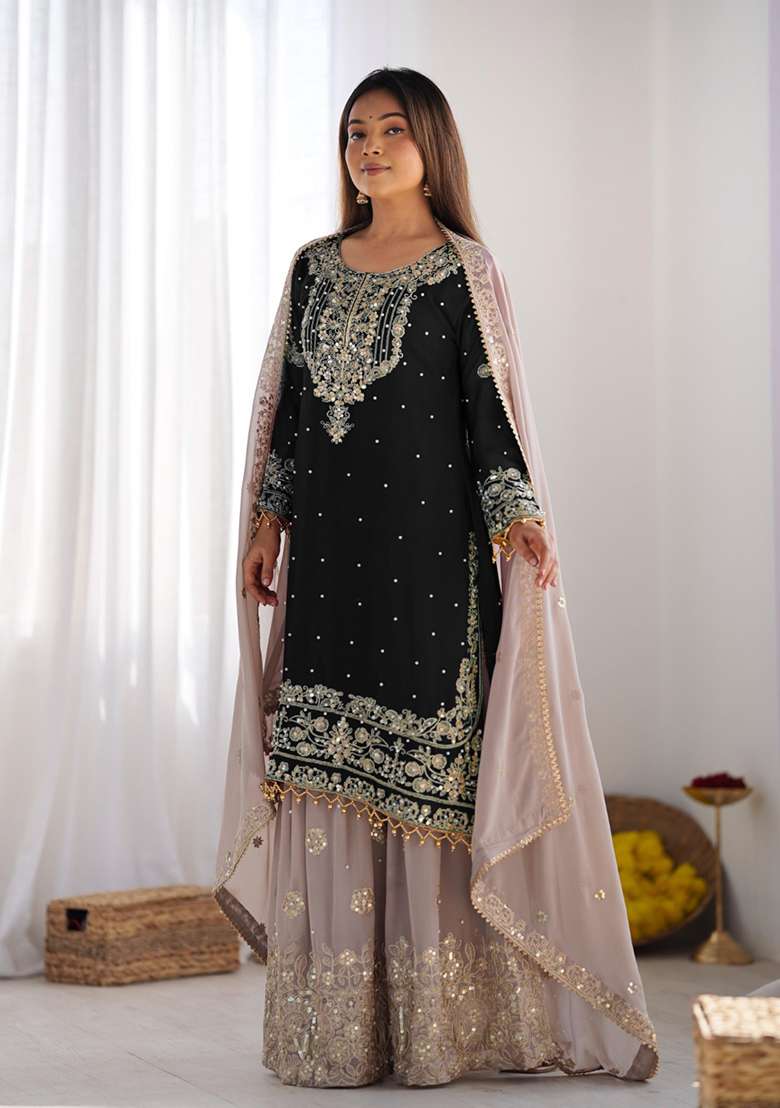 Black Embroidered Georgette Sharara Set - Indya