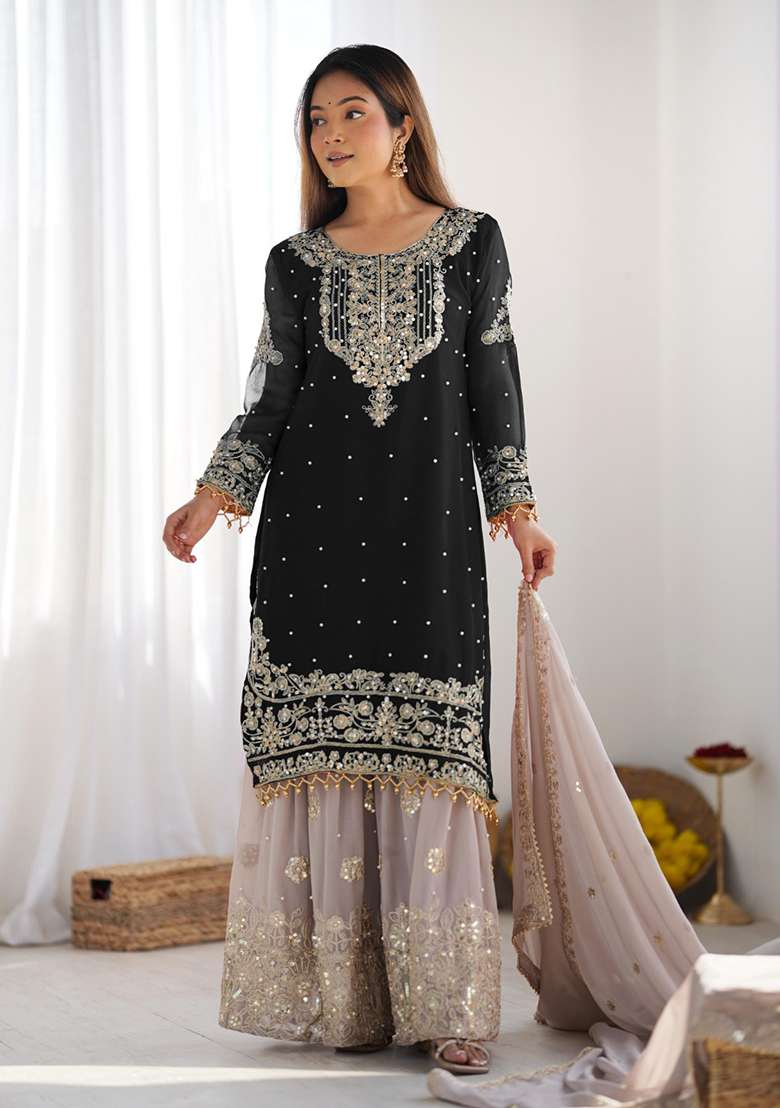 Black Embroidered Georgette Sharara Set - Indya