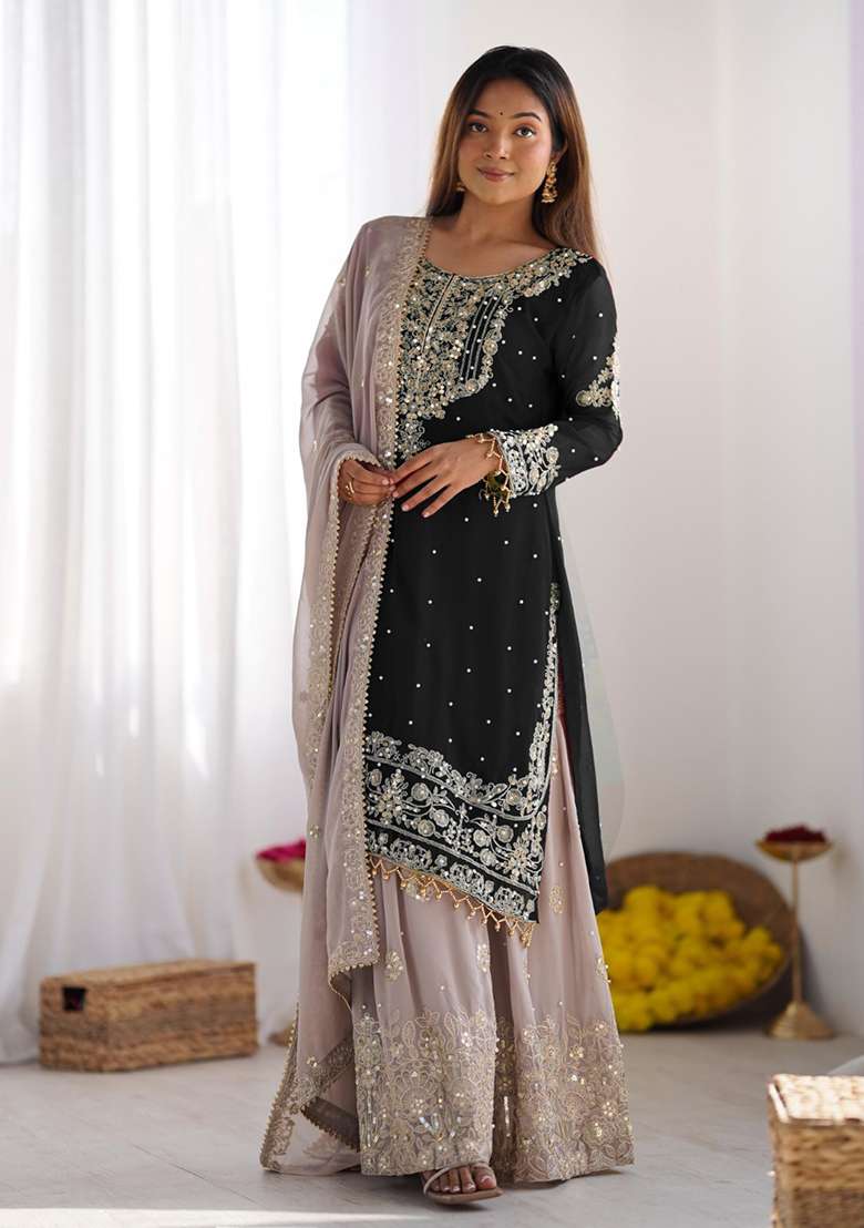Black Embroidered Georgette Sharara Set - Indya