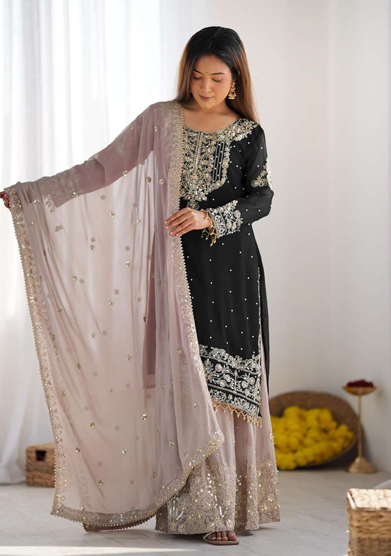 Black Embroidered Georgette Sharara Set - Indya