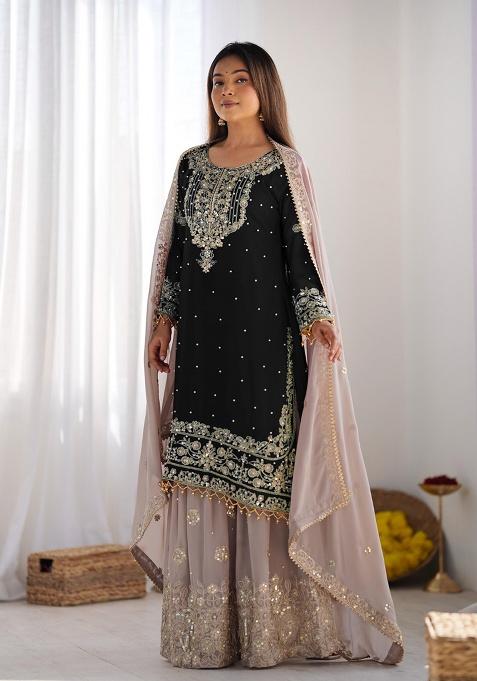 Black Embroidered Georgette Kurta Set