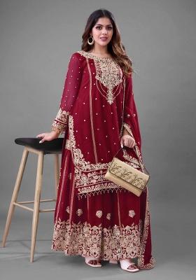 Red Embroidered Georgette Kurta Set