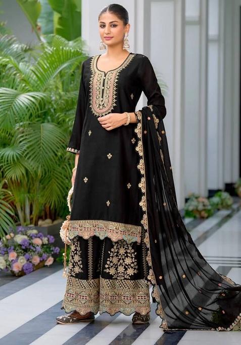 Black Embroidered Silk Kurta Set