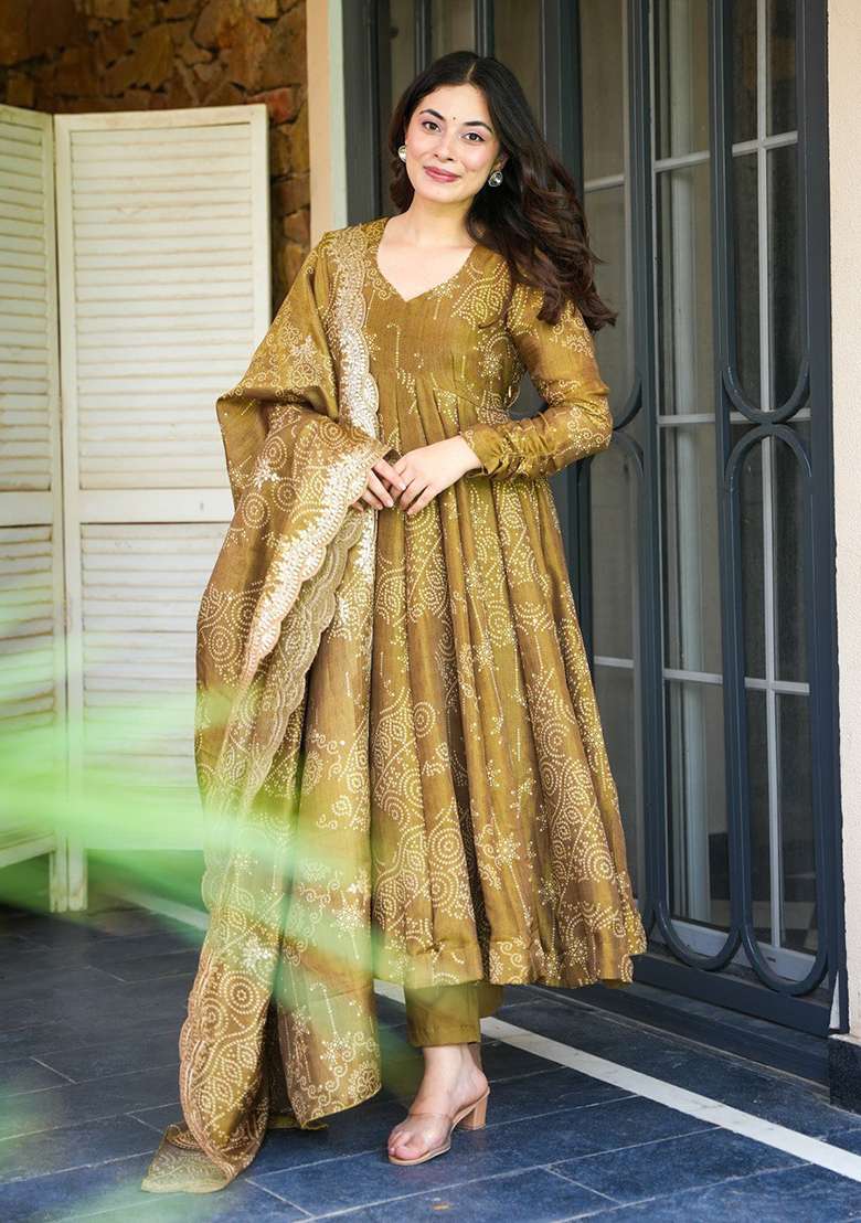 Brown Printed Silk Blend Anarkali Set - Indya