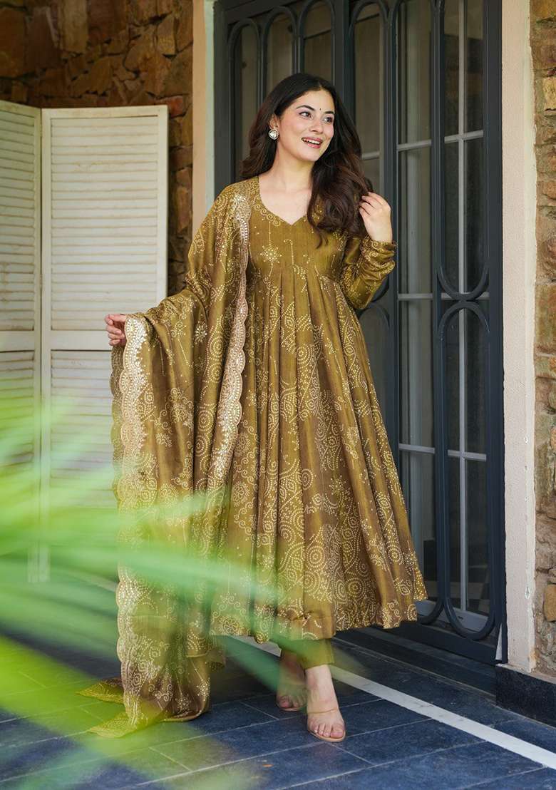 Brown Printed Silk Blend Anarkali Set - Indya
