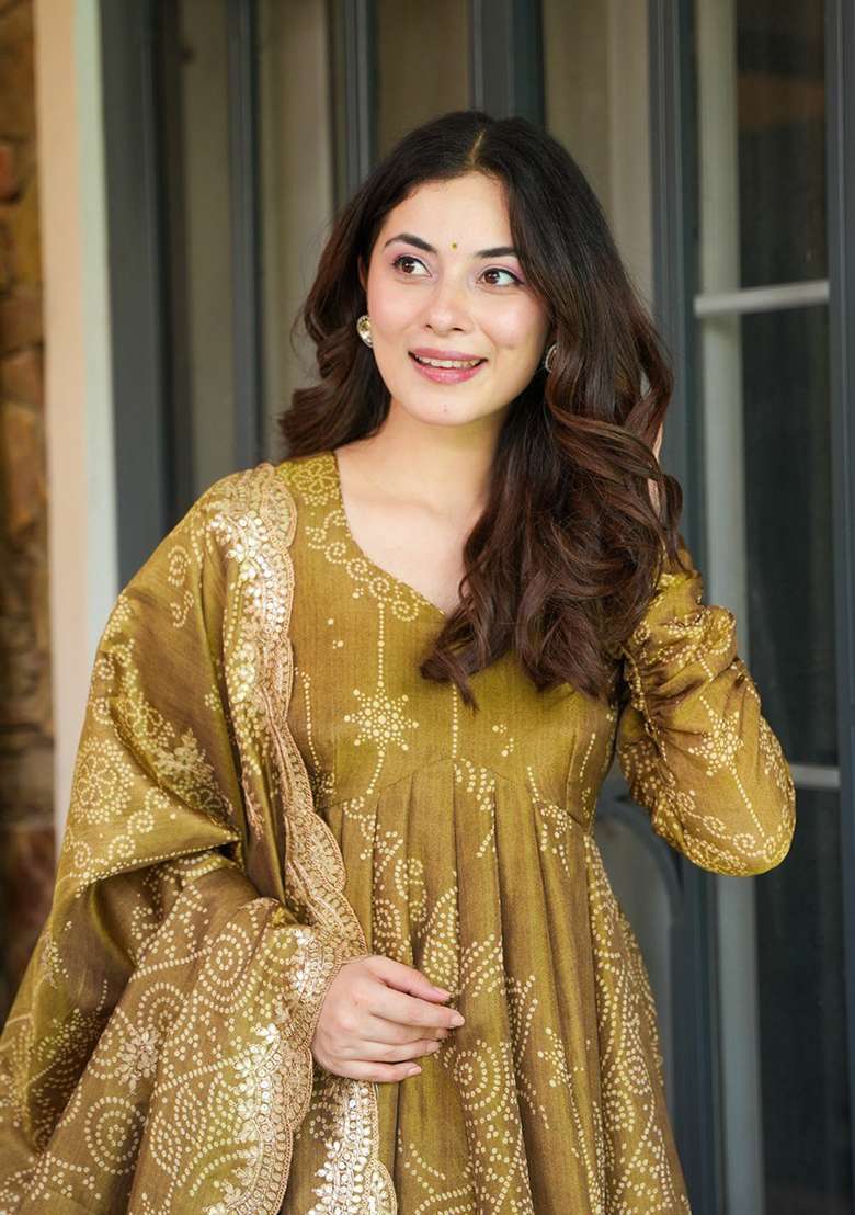Brown Printed Silk Blend Anarkali Set - Indya